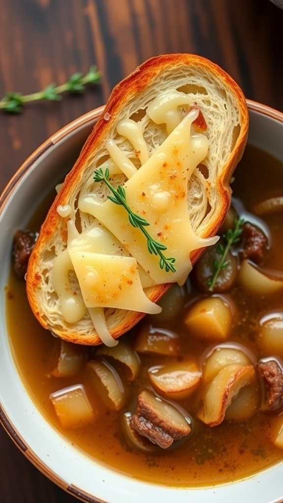 A bowl of French onion soup with caramelized onions, topped with cheesy baguette, on a rustic wooden table.